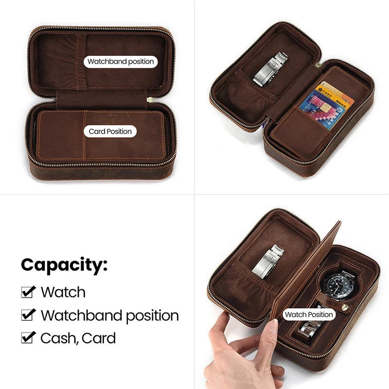 Multifunctional watch leather accessory organizer, with compartments for watch, wristwatch strap and cards.