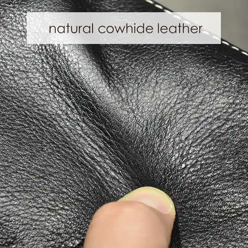 Close-up of natural cowhide leather showing texture and quality.