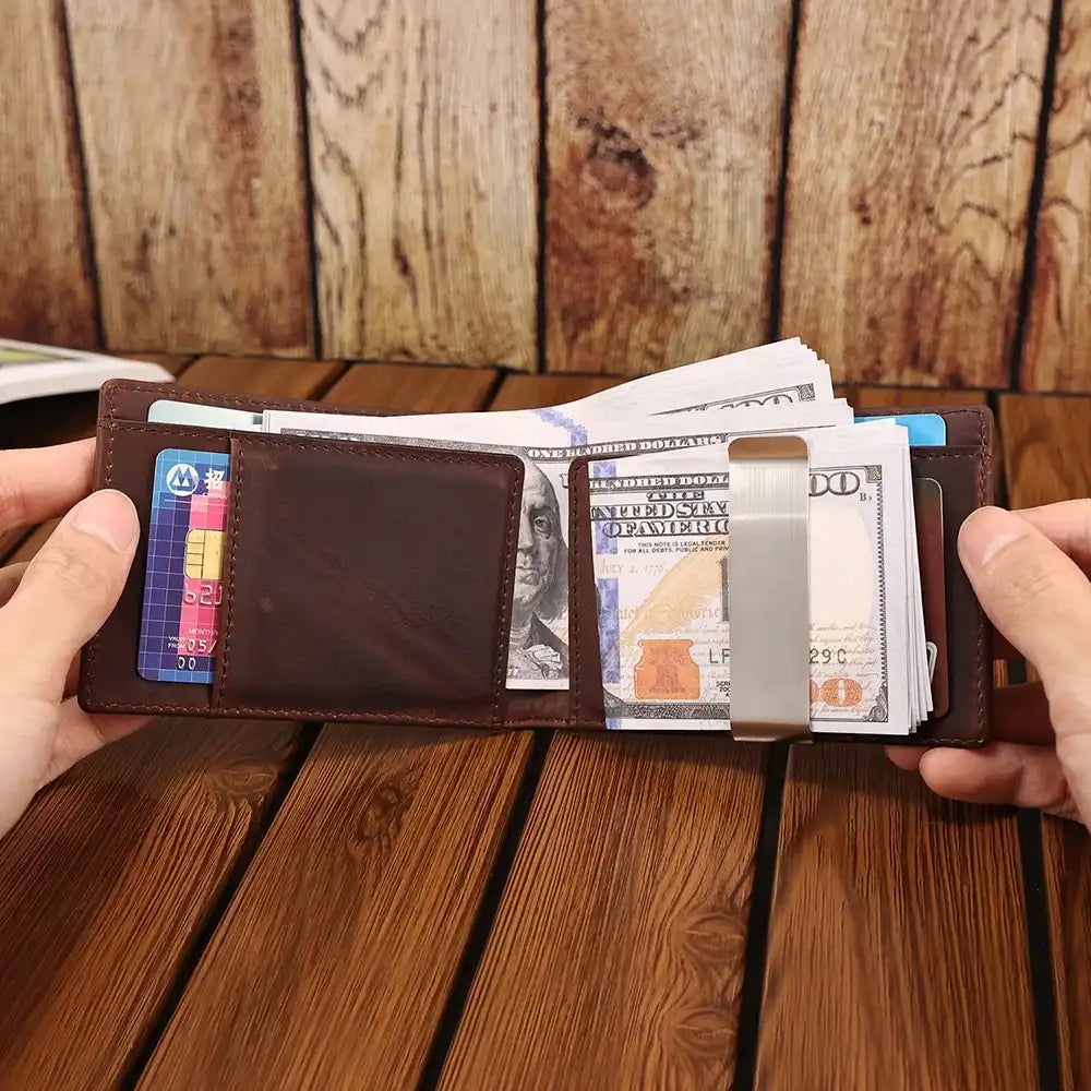 open brown leather wallet, displaying cards and cash notes on a wood background, ideal for organization.