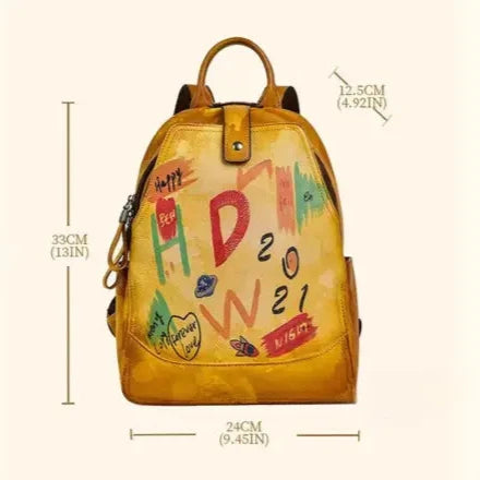 Orange backpack with colorful design, featuring letters and abstract drawings, measuring 33 cm high and 24 cm wide.