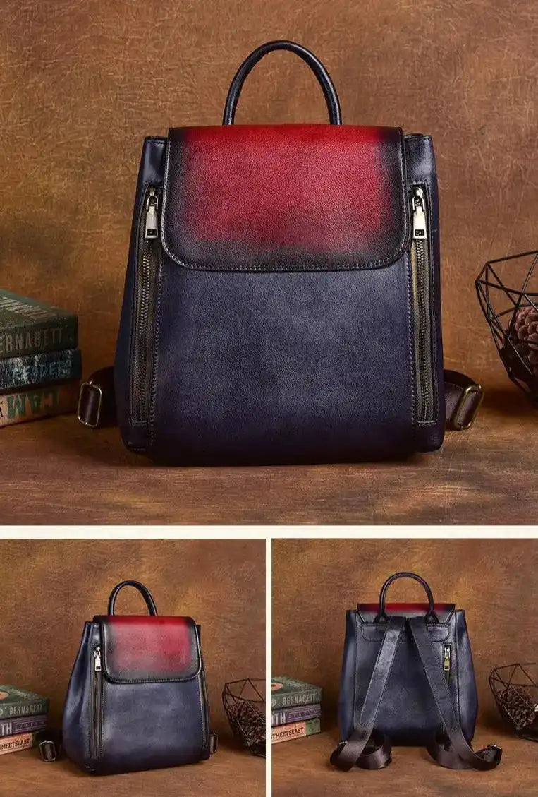 multiple views of red and blue leather backpack with an elegant design, with zippers and adjustable straps.