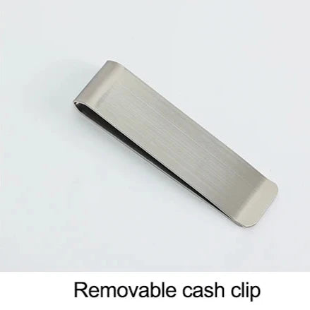removable silver cash clip - top view.