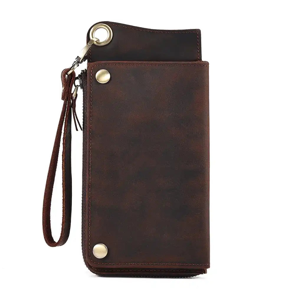 Dark brown leather long wallet, elegant and practical, with wrist strap and secure closure - front view.