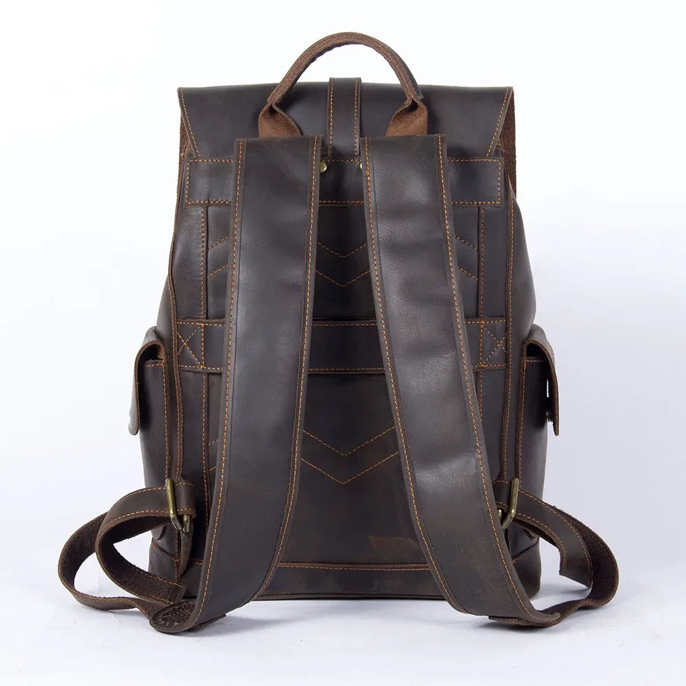 dark brown leather backpack with adjustable straps and handle - back view.