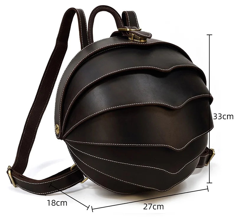 Black stylish leather backpack with wavy design, measuring 27cm wide, 33cm high and 18cm deep.
