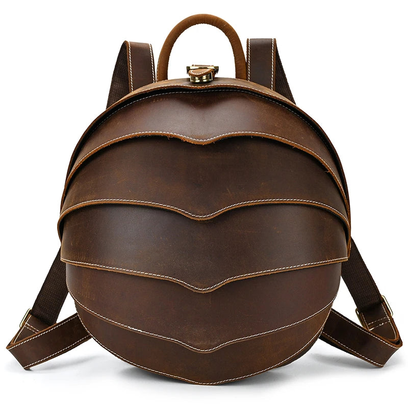 Modern style brown leather backpack with layered wavy design and adjustable straps - front view