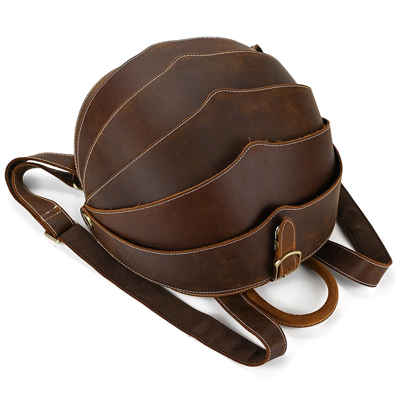 Stylish brown vintage leather backpack with wavy design - top view