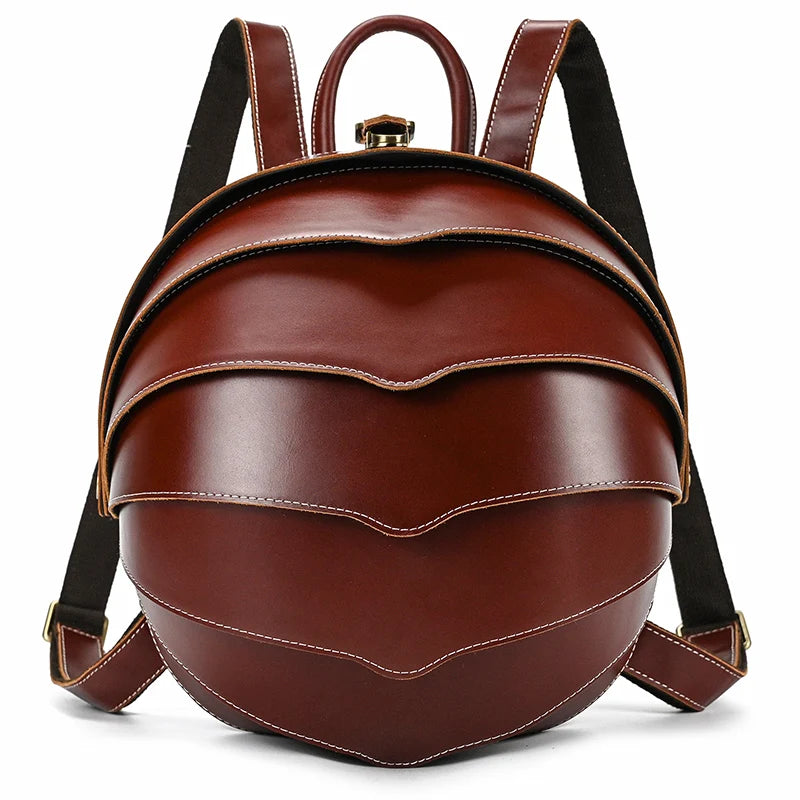 Modern style leather backpack in brown tone, with layered wavy design and adjustable straps.