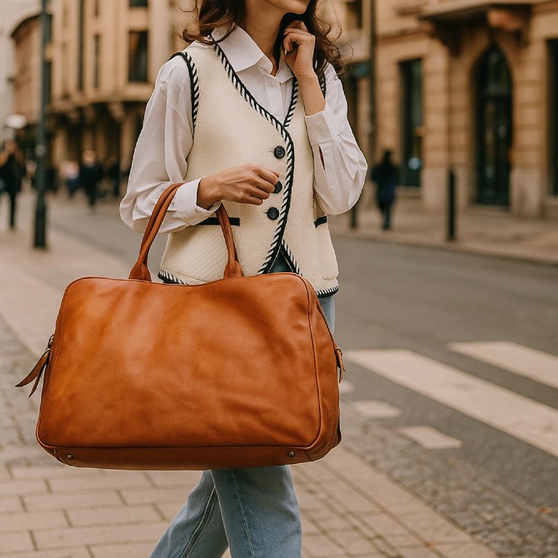 Person walking on a street holding a brown leather bag