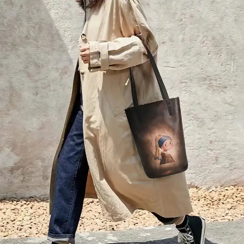 woman wearing a beige coat, carrying a brown leather tote bag with an artistic print.