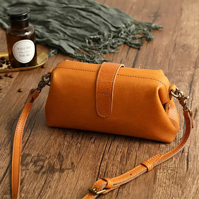 Yellow leather shoulder bag, with adjustable strap, back view.