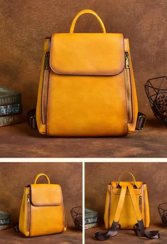 multiple views of yellow leather backpack with an elegant design, highlighting zippers and adjustable straps.