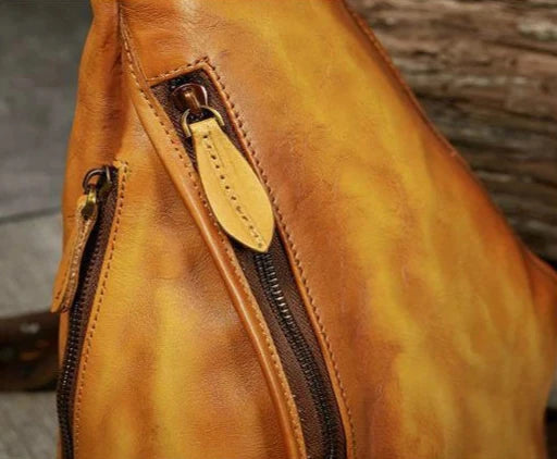 Texture of a yellow leather bag showcasing its natural finish.