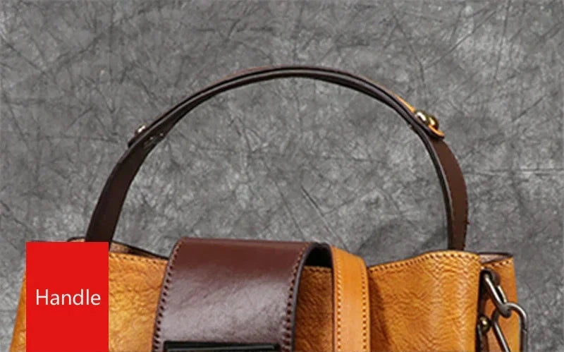 Detailed view of the handle of a leather bag, highlighting the materials and elegant design.